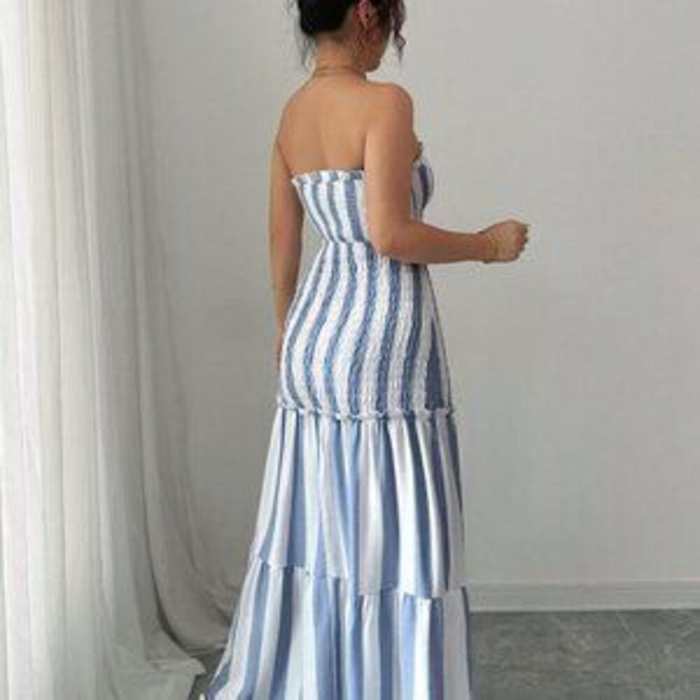Blue And White Boho Women's Wrap Bust Striped Tie Waist Strapless Maxi Dress - Picture 2 of 5